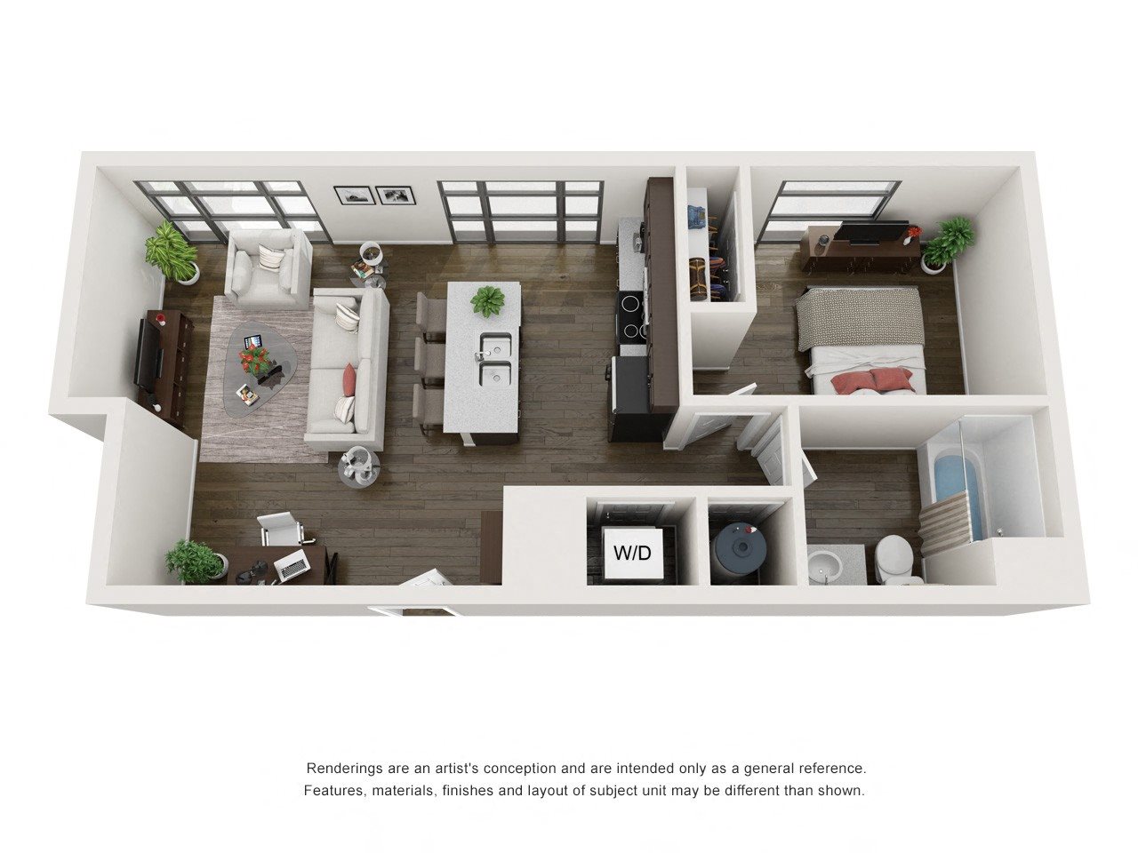 1 Bedroom 1 Bath 3D Floorplan 1 Bedroom 1 Bath 630 Square Feet 3D Floorplan - The Arts Lofts at Dayton Arcade, Dayton, OH